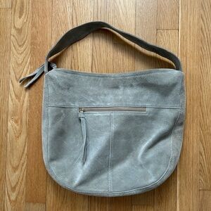 Chic Gray Suede Hobo Bag with Gold Hardware